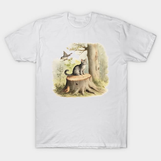 Gray cat on a tree stump T-Shirt by JnS Merch Store